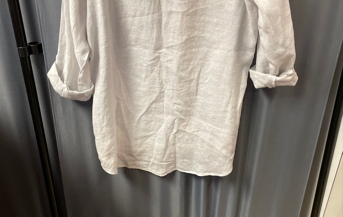Sigrid Olsen Women's White 100% Linen Roll Tab Sleeve Button Front Shirt Sz M