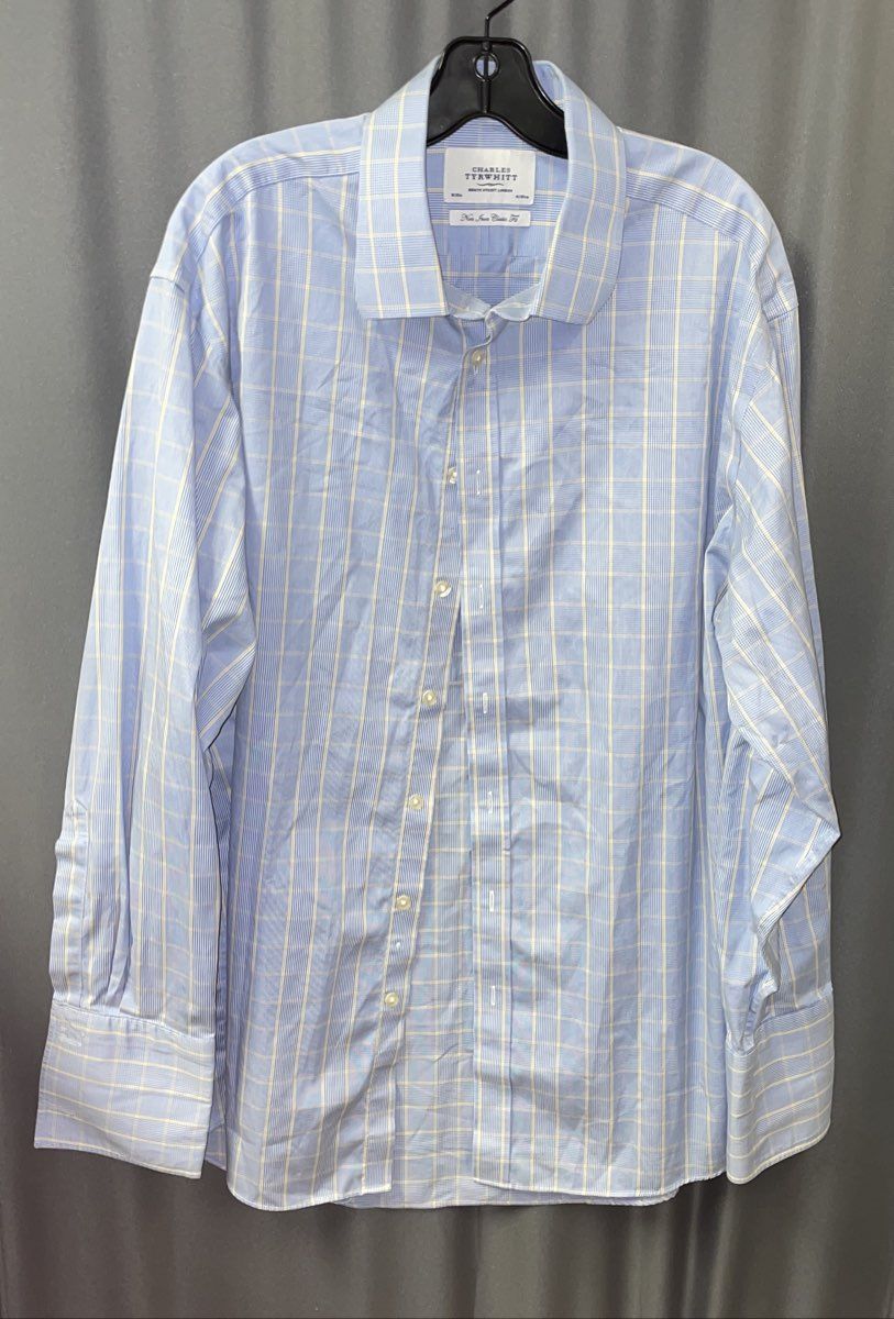 Charles Tyrwhitt Men's Blue Plaid Non-Iron Classic Fit Button Up Shirt Sz 18/35