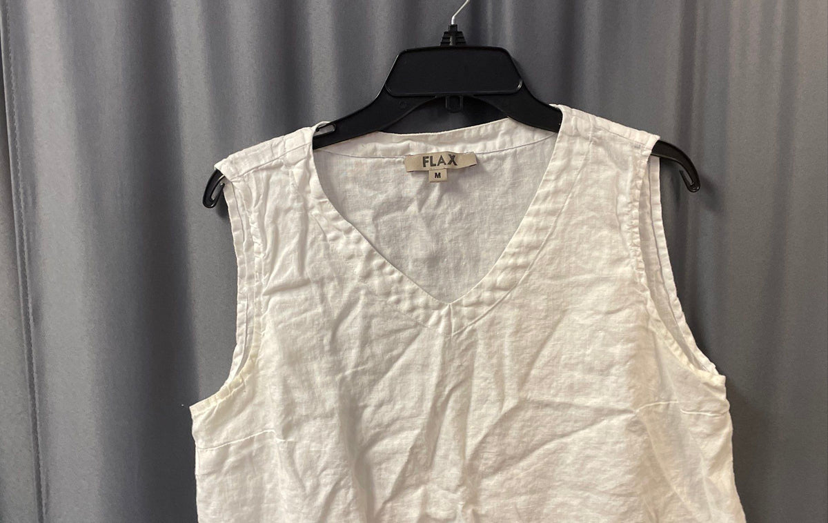 Flax Women's White Sleeveless 100% Linen V-Neck Tank Top Sz M