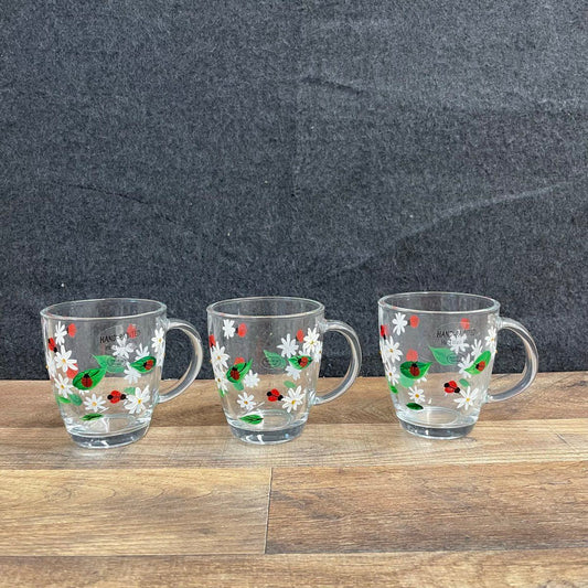 Set 3 Hand-painted Glass Mugs Daisy and Ladybug Design