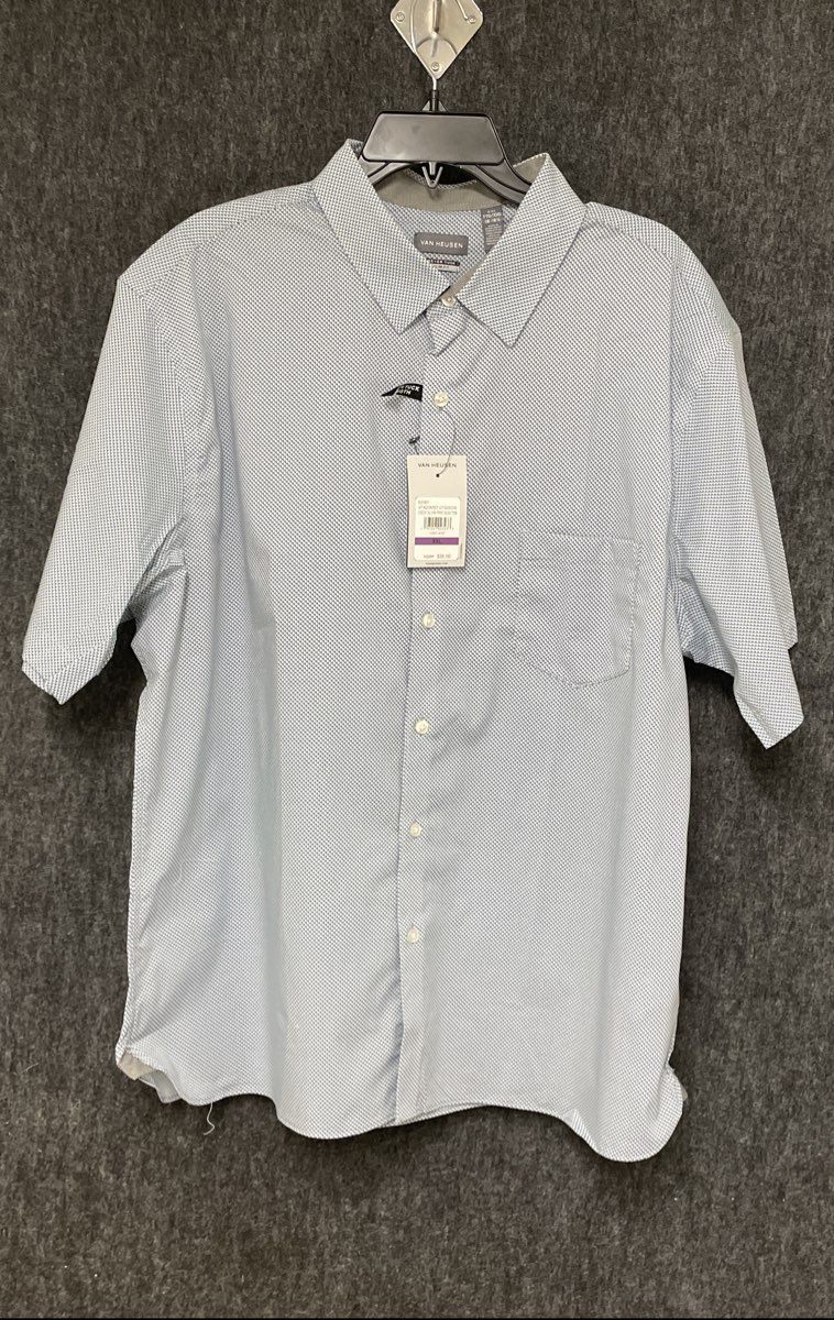 Van Heusen Men's Blue Geometric Never Tuck Slim Fit Short Sleeve Shirt NWT XXL