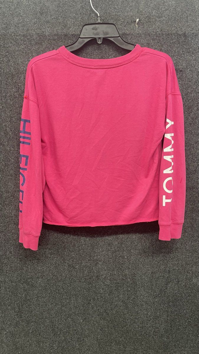Tommy Hilfiger Women's Pink Colorblock Logo Graphic Raw Hem Sweatshirt Size L