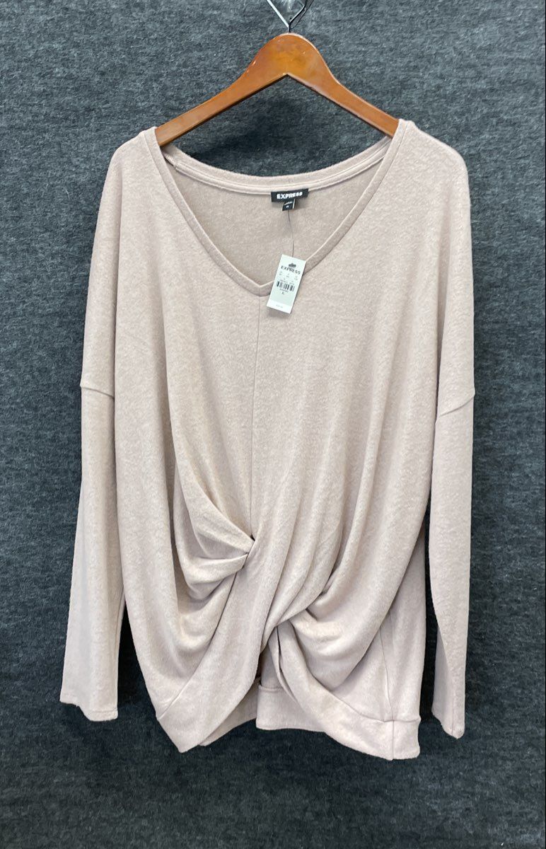 Express Women's Pink Long Sleeve V-Neck Twist Front Knit Shirt Sz XL NWT