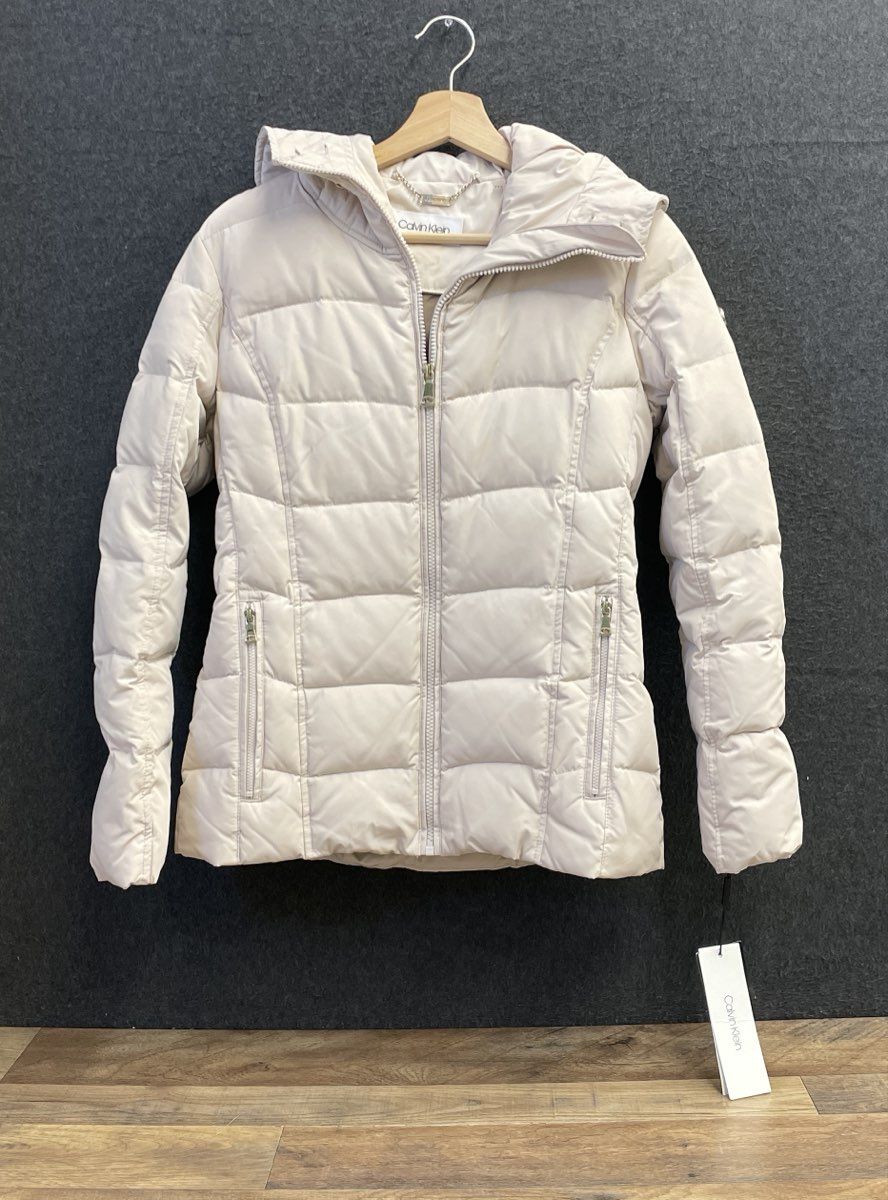 Calvin Klein Women's Off-White Quilted Hooded Down Blend Puffer Coat Sz XXS NWT