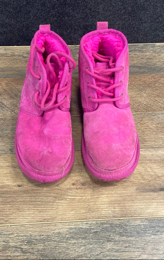 UGG Neumel Hot Pink Suede Lace Up Sheepskin Lining Ankle Boots Big Kids Size 4