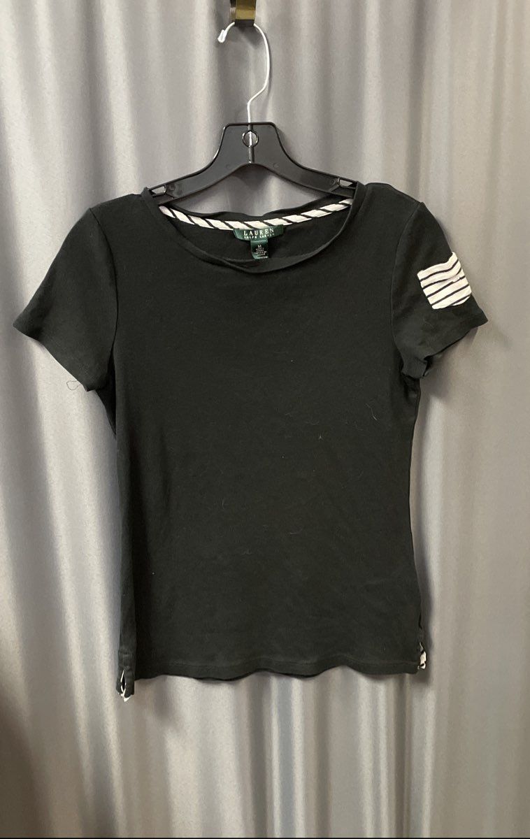 Lauren Ralph Lauren Women's Black Cotton Short Sleeve Tee Striped Sleeve Sz M