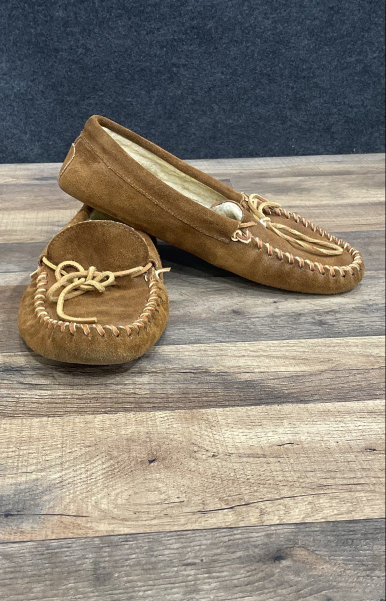 Brown Suede Shearling Lined Moccasin Slippers Soft Sole Loafers 12 Inch Length
