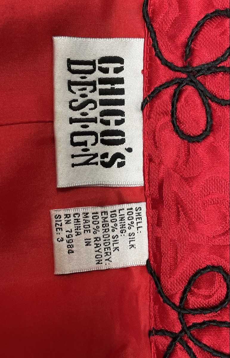 Vintage Y2K Chico's Design Women's Red Silk Embroidered Mandarin Jacket Sz 3