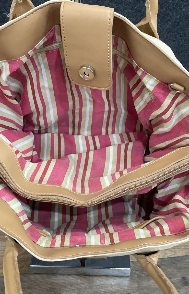 Etienne Aigner Beige Canvas Tan Leather Trim Shoulder Tote Bag Handbag