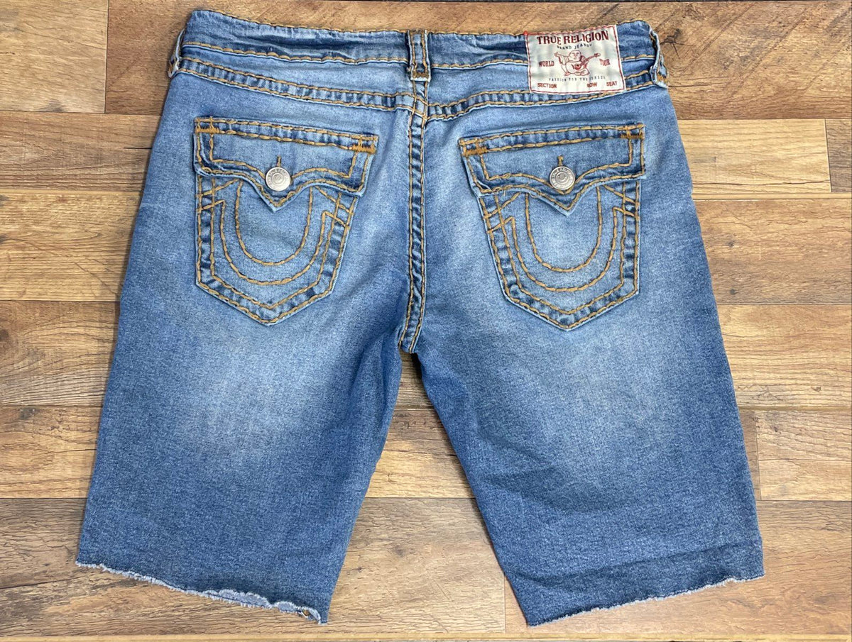 True Religion Men's Blue Ricky Relaxed Straight Cut-Off Denim Shorts Size 38