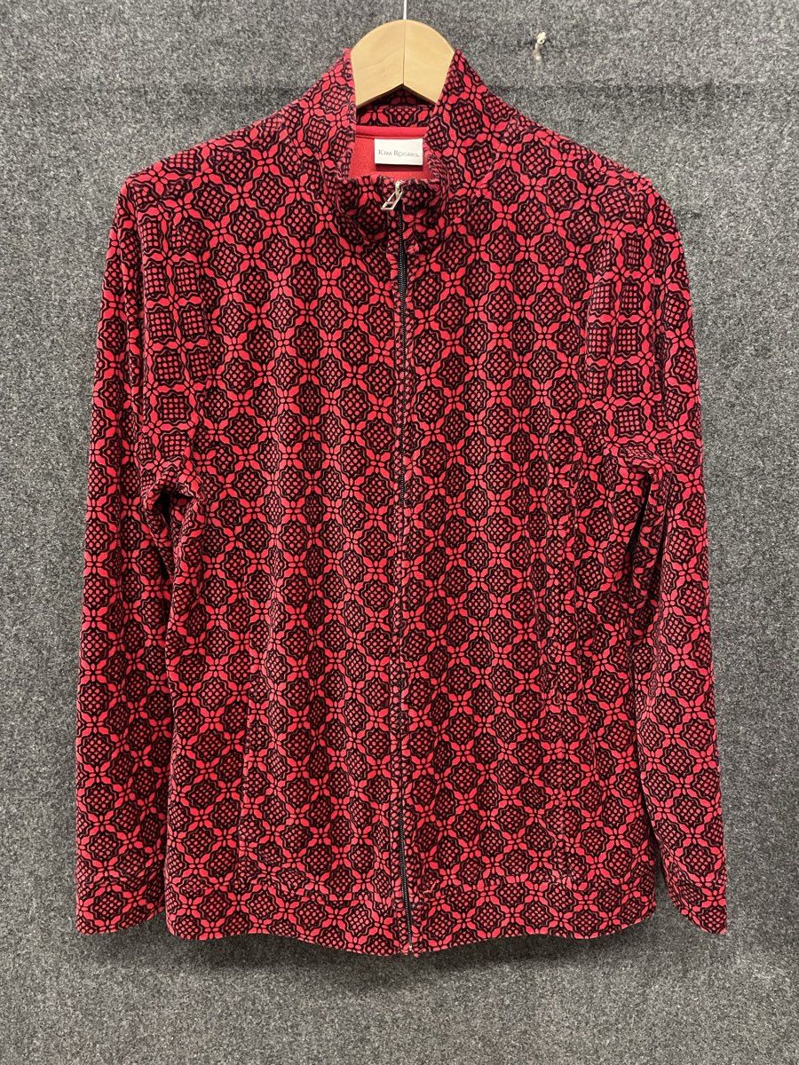 Kim Rogers Women's Full Zip Jacket Red Black Geometric Lattice Soft Sz M