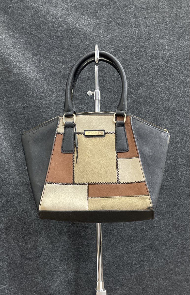 Calvin Klein Brown Black Leather Patchwork Satchel Handbag Gold Hardware