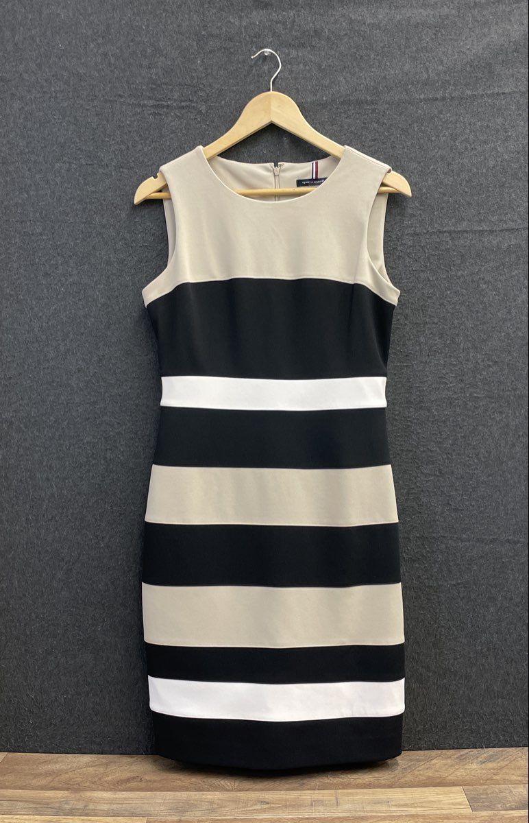 Tommy Hilfiger Women's Sleeveless Striped Sheath Dress Black White Tan Sz 6