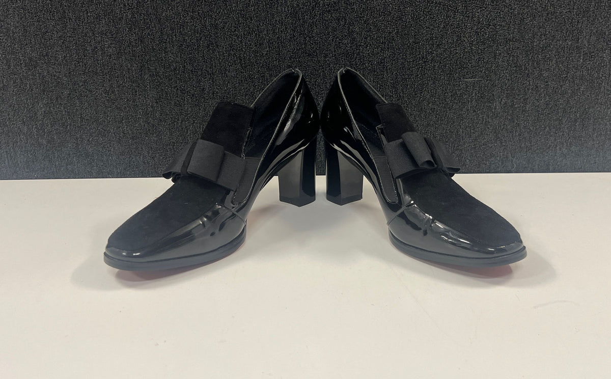 Women's Black Patent Suede Bow Block Heel Loafer Pumps Red Sole Size 8