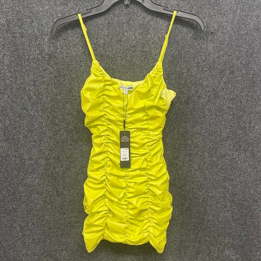 Fashion Nova Women's Lime Issy Faux Leather Ruched Mini Dress NWT Size XS