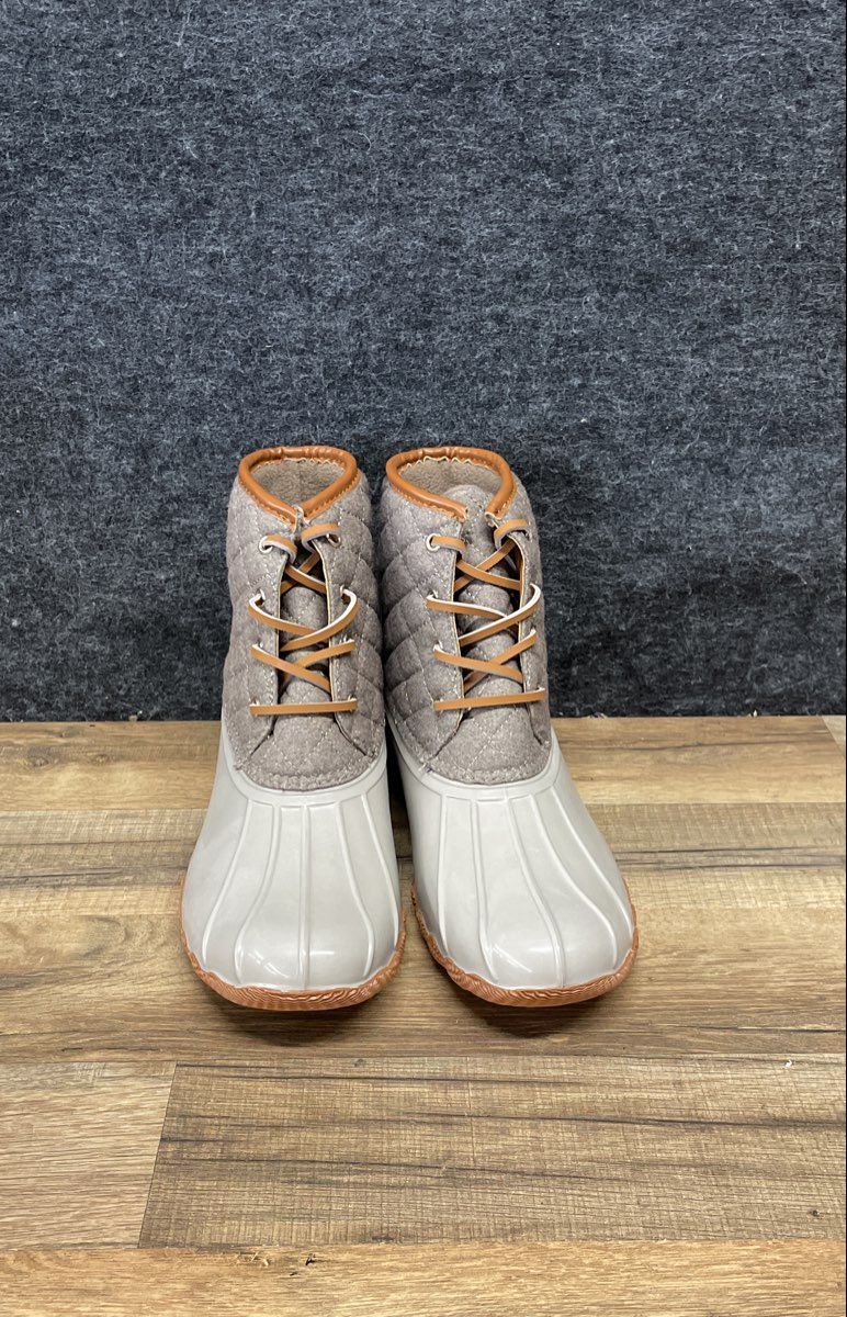 London Fog Wilde Grey Tan Quilted Ankle Rain Snow Duck Boots Women's Size 9