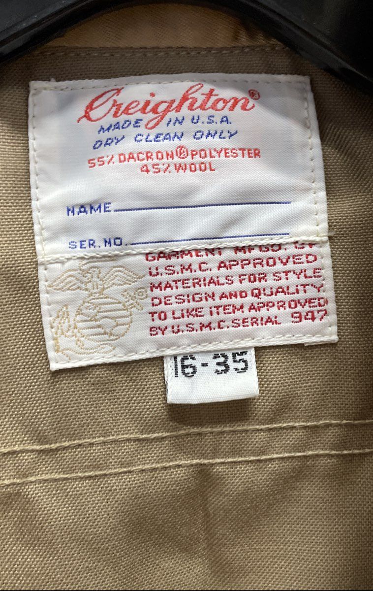 Vintage Creighton Men's Tan USMC Approved Military Uniform Shirt Wool Sz 16-35