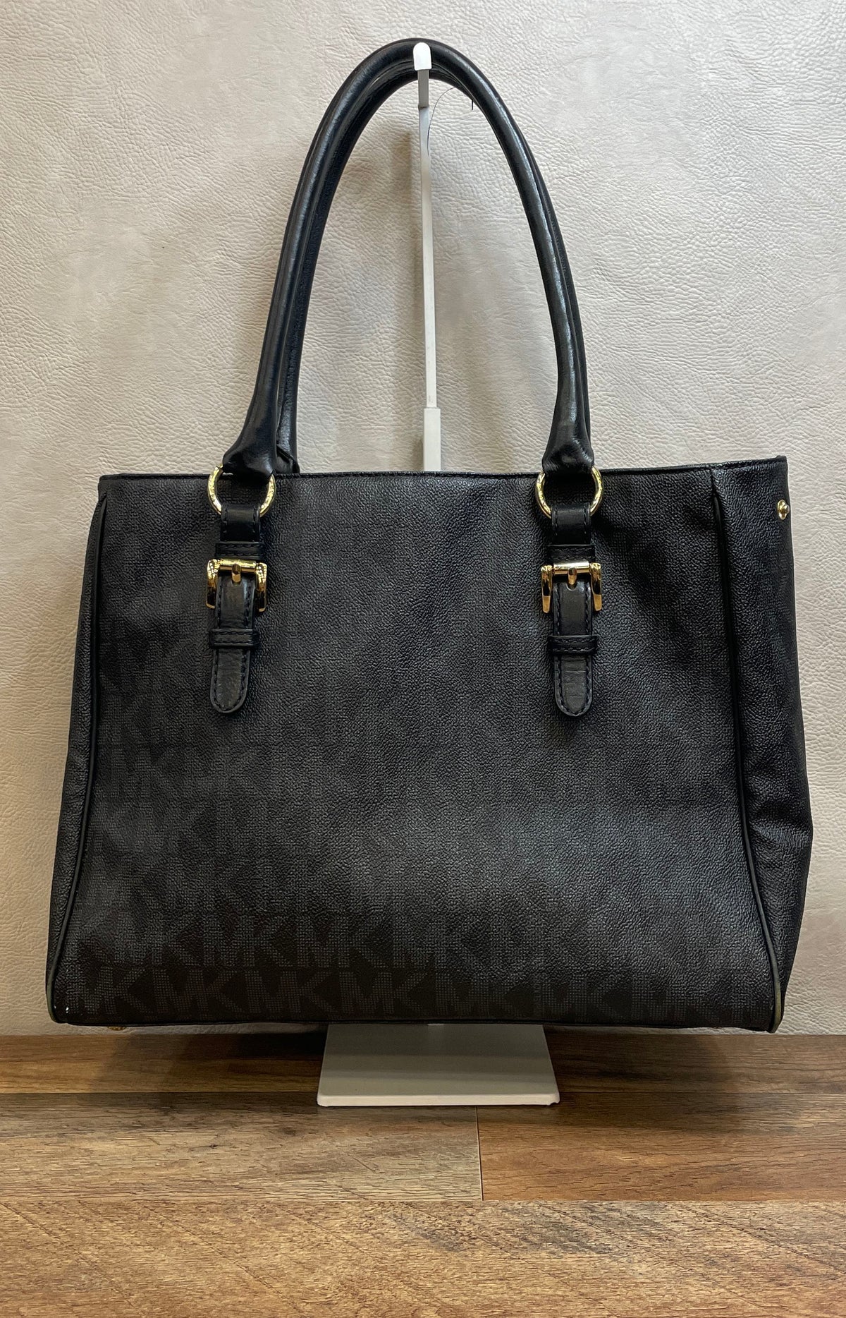 Michael Kors Black Signature Monogram Canvas Tote Bag Gold Hardware