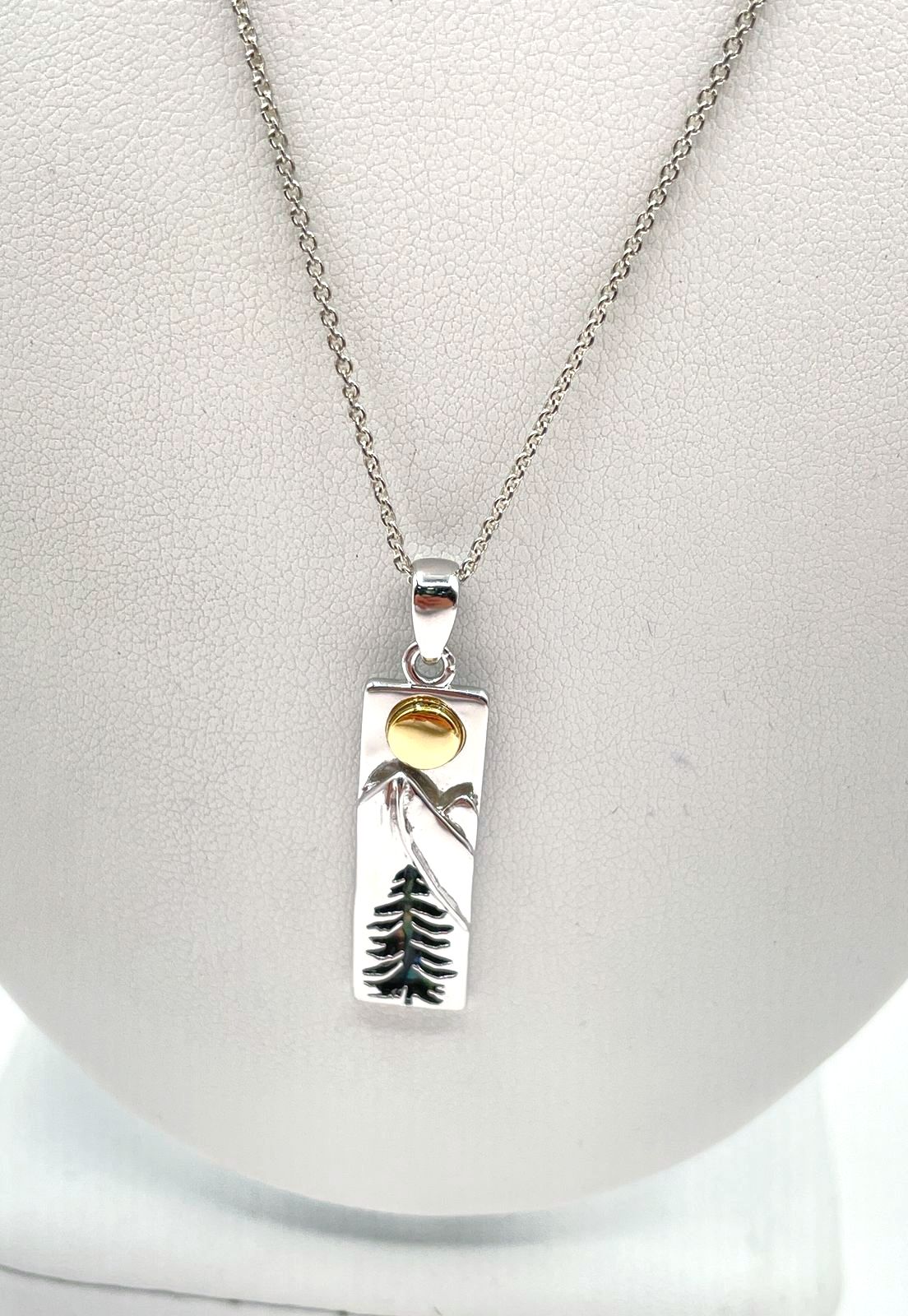 925 Sterling Silver Abalone Inlay Mountain Pine Tree Bar Pendant Necklace 6.7g