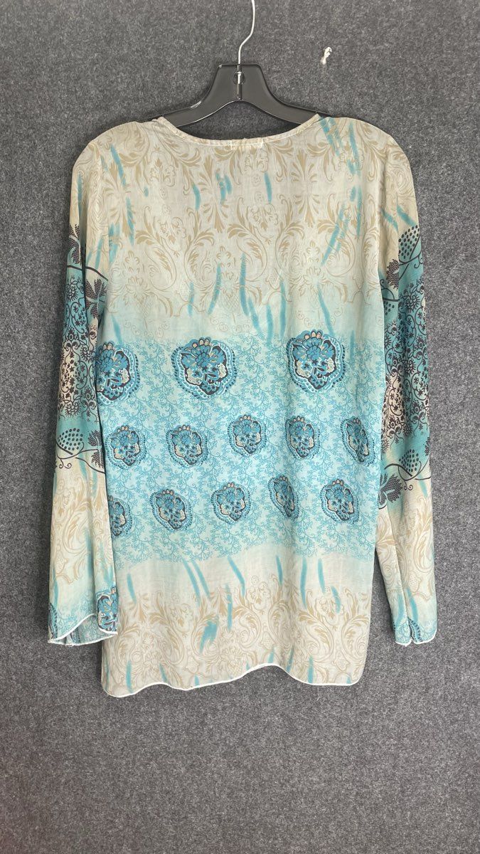 LunaChix Women's Teal Blue Tan Bohemian Floral Paisley Sequined Blouse