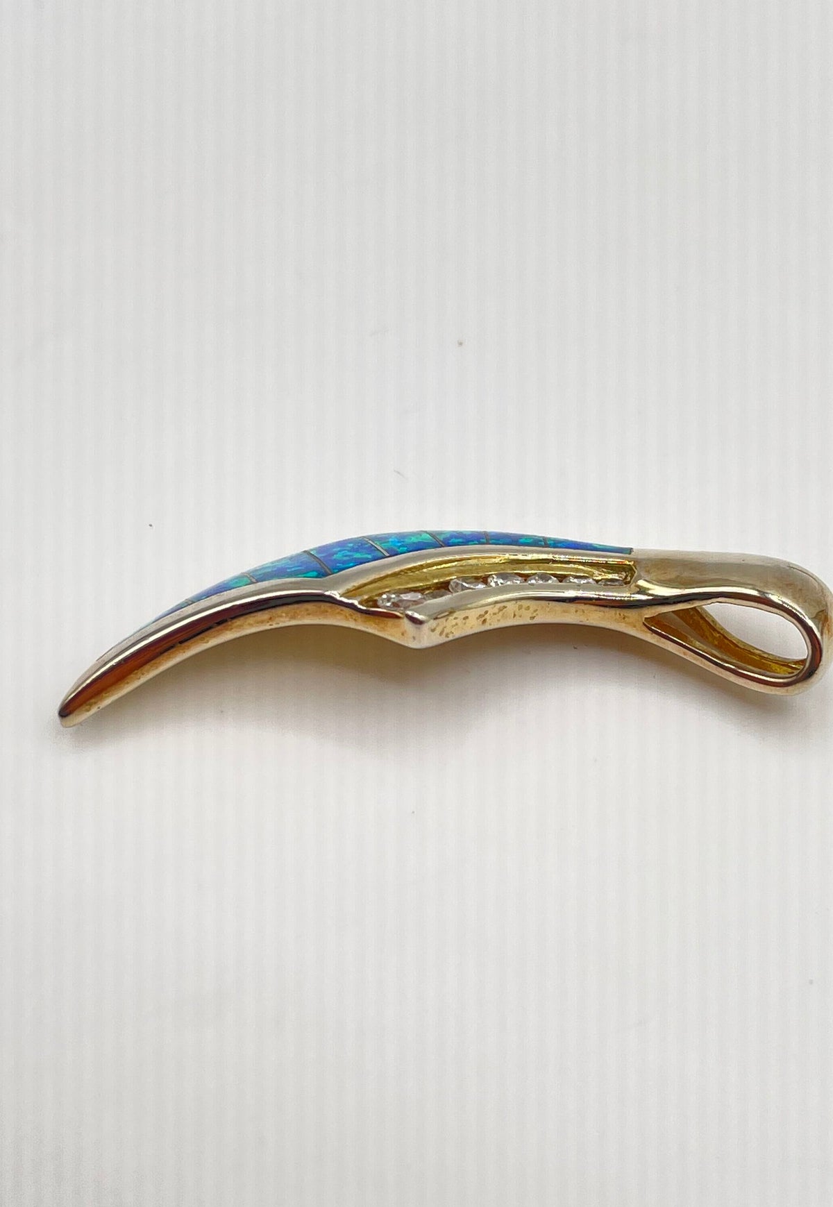 925 Sterling Silver Gold Tone Blue Opal Inlay CZ Accent Pendant 5.7g