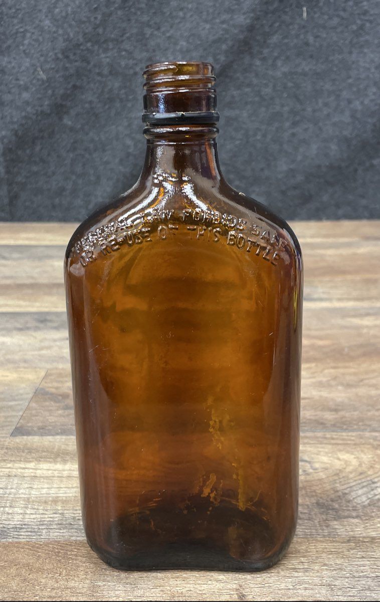 Vintage 1954 Owens-Illinois Whiskey Flask Amber Glass Bottle Federal Law Pint