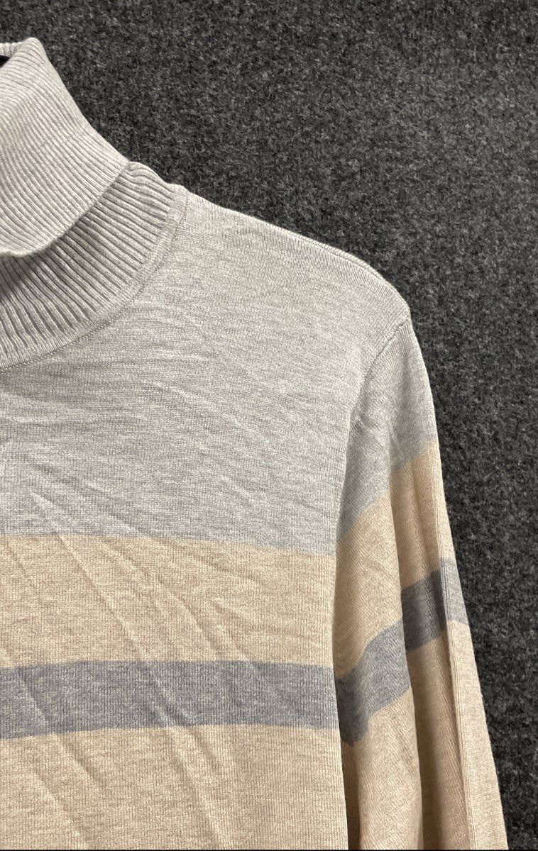 Calvin Klein Women's Turtleneck Sweater Gray Cream Striped Fine Knit NWT Size L