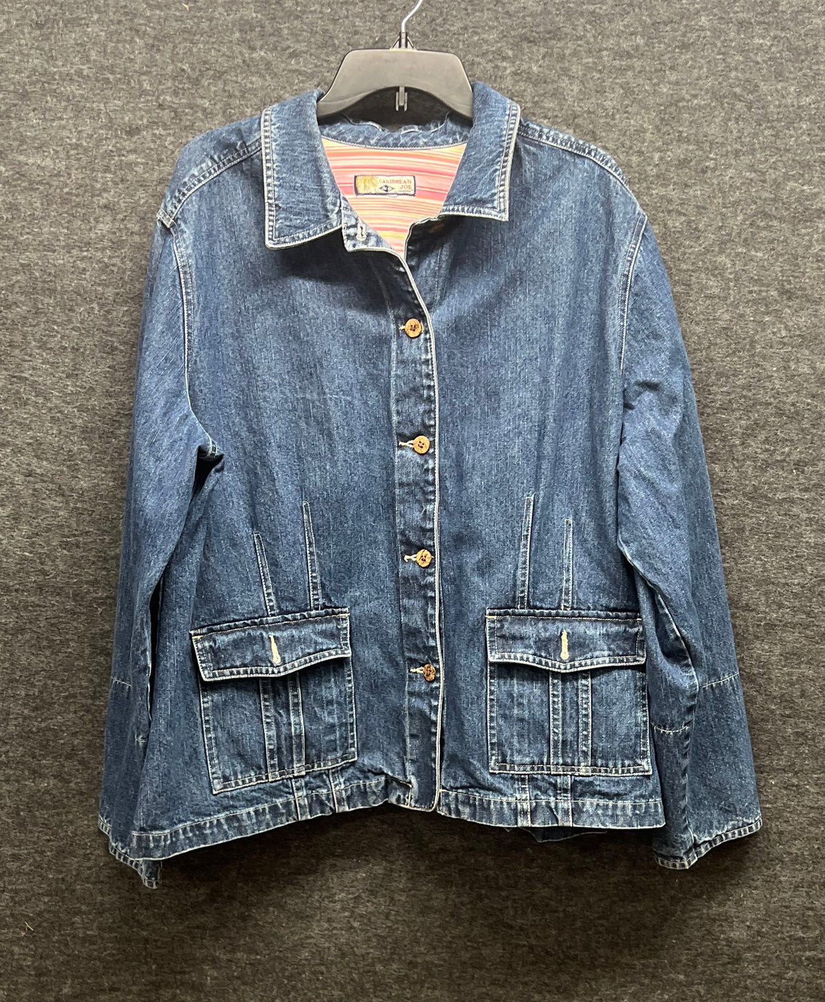 Caribbean Joe Women's Blue Denim Jacket Button Front Striped Trim Pockets