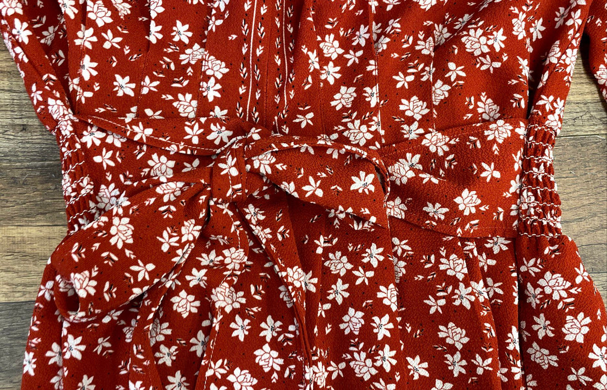 Max Studio Women's Rust Floral Tie Waist Smocked V-Neck Blouse Sz M
