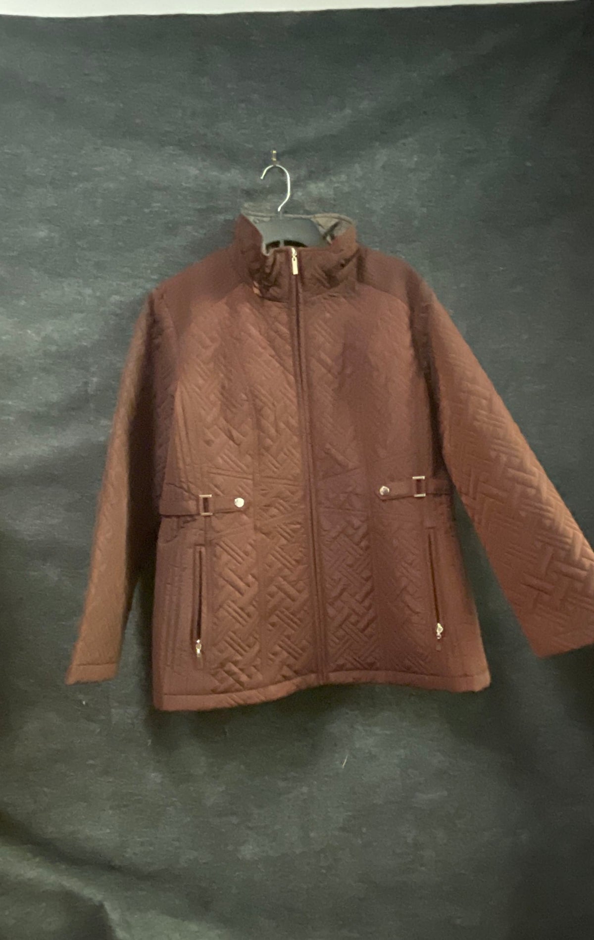 Giacca Women's Brown Quilted Basketweave Full Zip Mock Neck Jacket Sz L