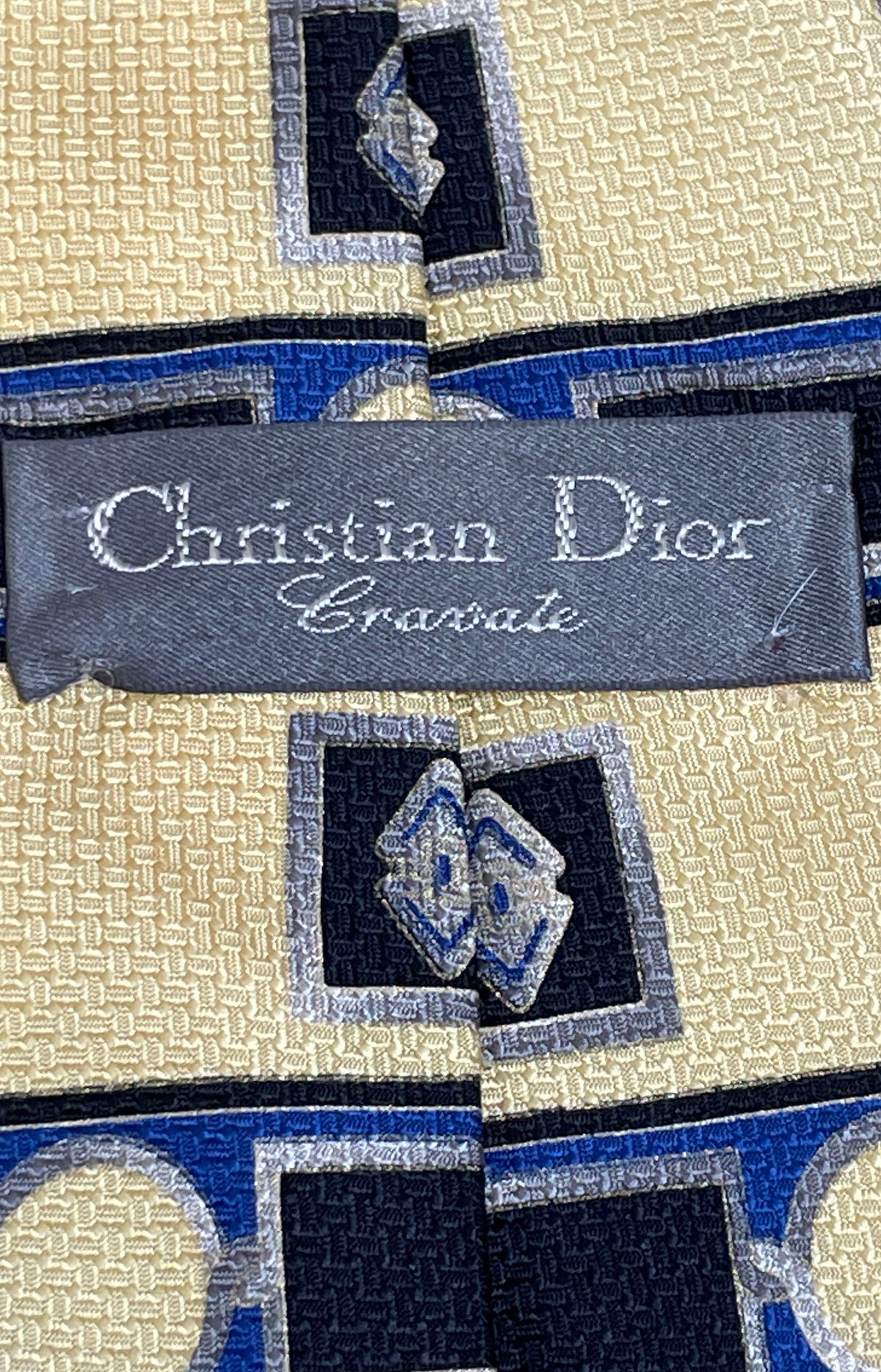 Christian Dior Men's Silk Necktie Yellow Blue Geometric Vintage Cravate COA