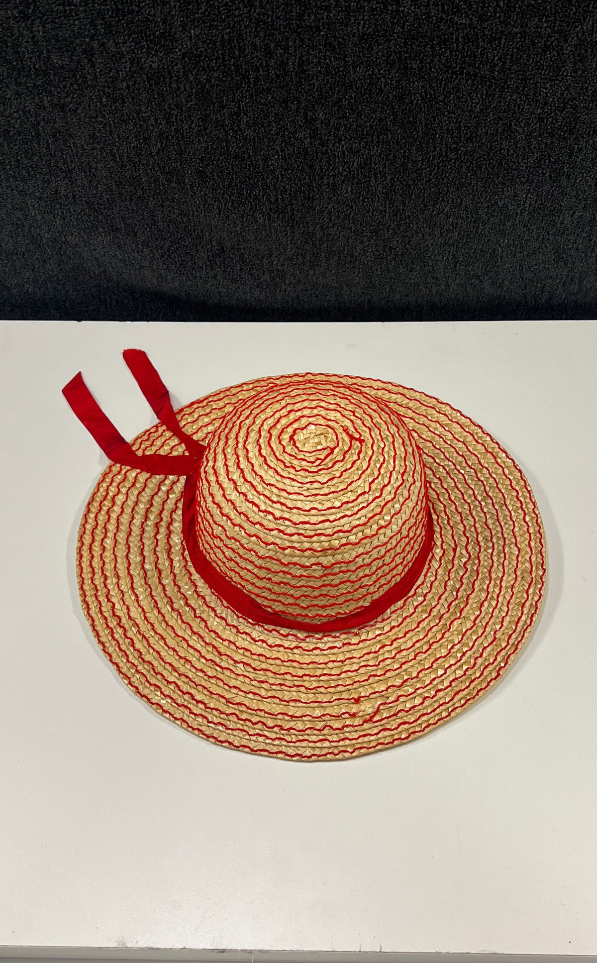 Vintage 80s Woven Straw Sun Hat Red Stitched Detail Wide Brim Ribbon Sz OS