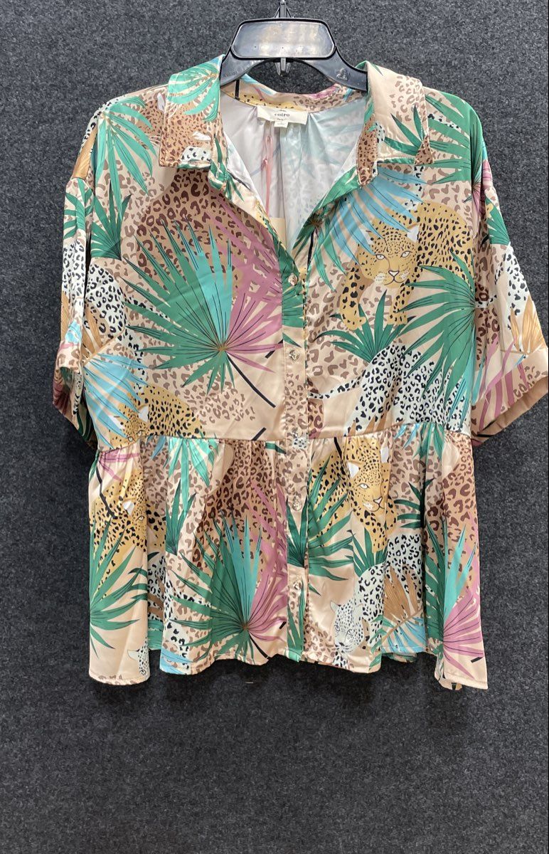 Entro Women's Tropical Leopard Print Button Up Peplum Top Blouse Sz L NWT