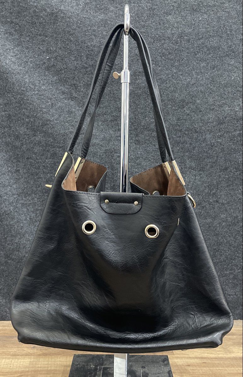 Unbranded Black Leather Tote Bag Gold Tone Grommets Braided Edge Large
