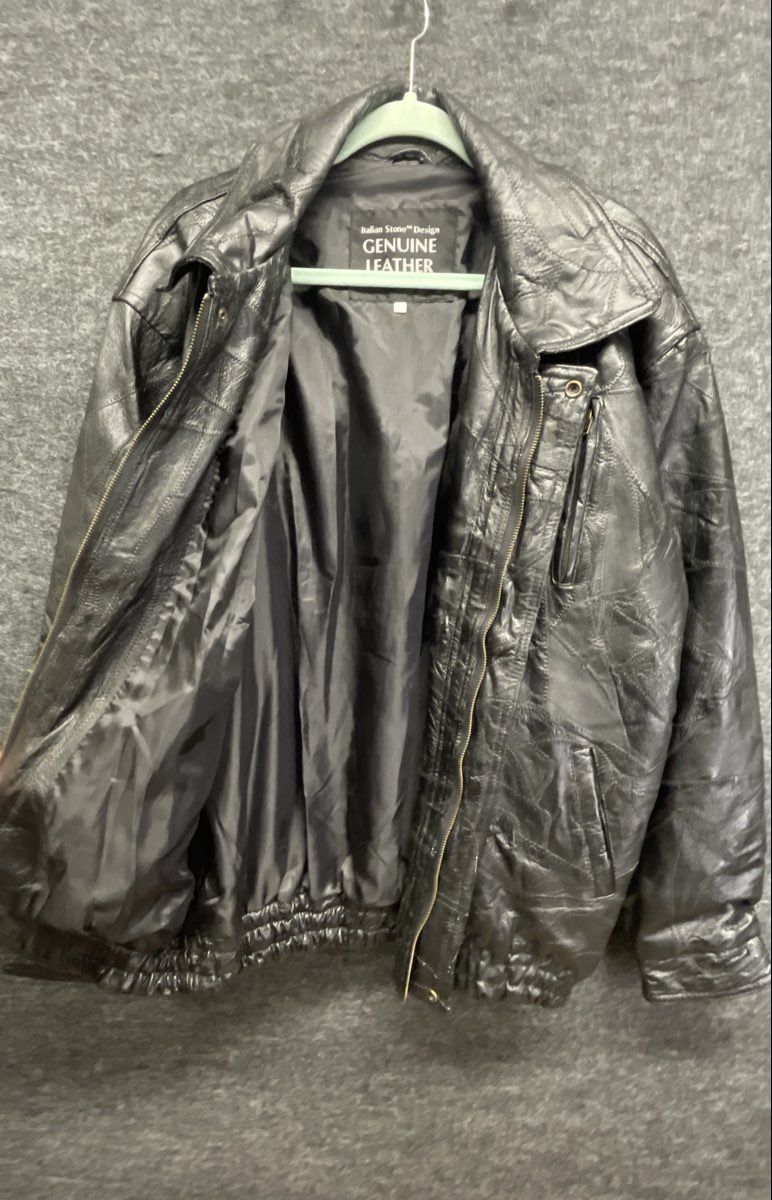 Vintage 90s Italian Stone Men's Black Patchwork Leather Bomber Jacket Sz XL