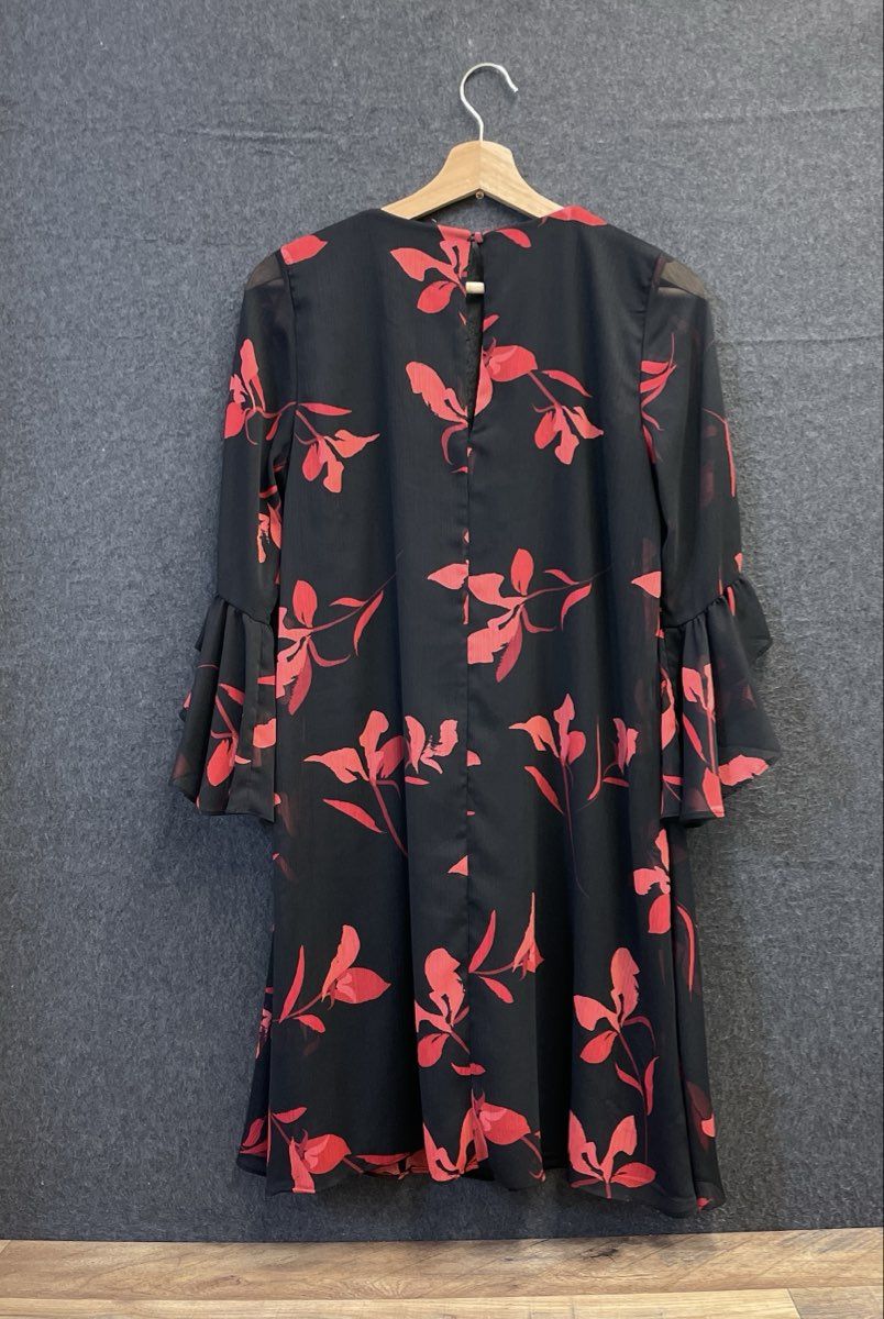 Calvin Klein Women's Black Red Floral Ruffled Bell Sleeve V-Neck Dress Sz 6