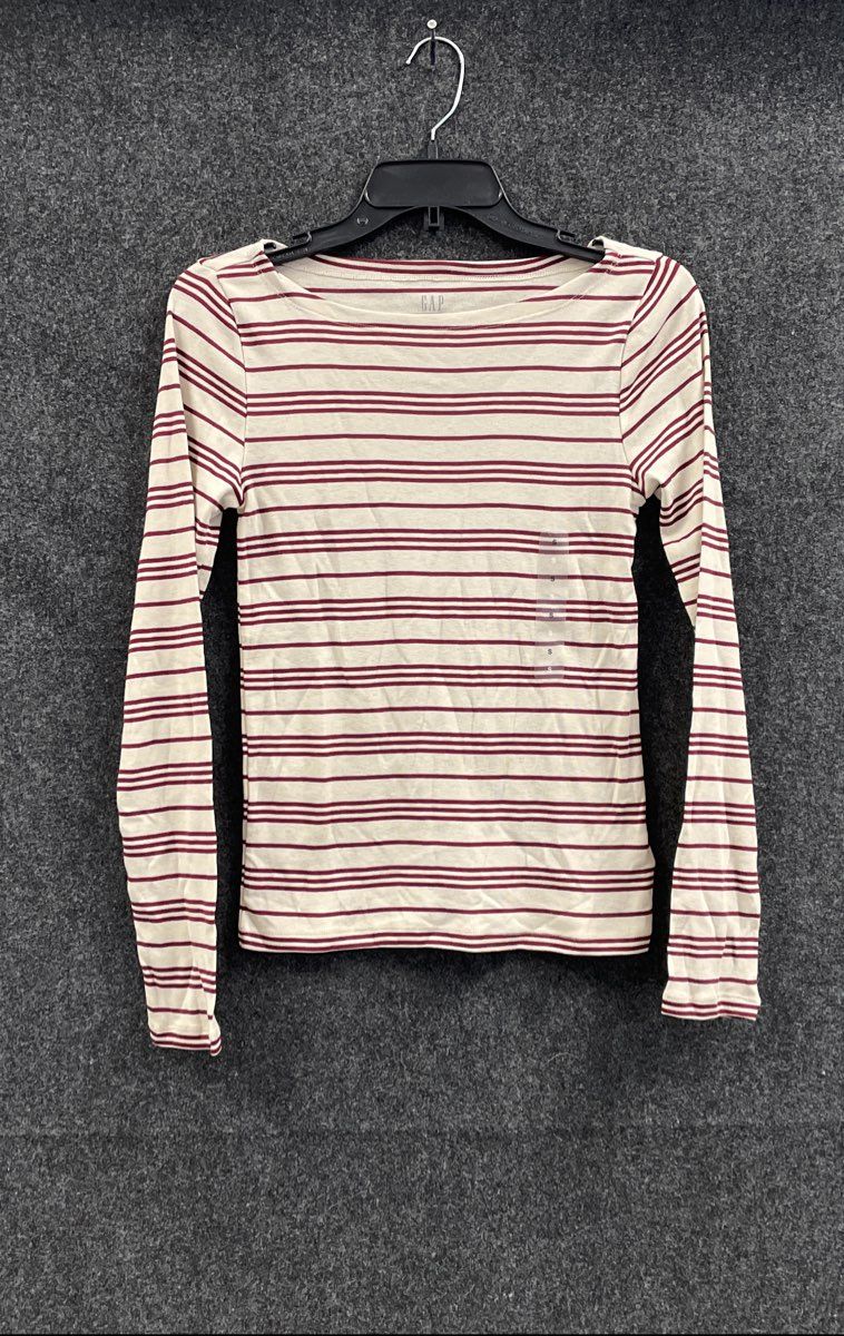 Gap Women's Favorite Tee Cream Maroon Striped Long Sleeve Cotton Modal Sz S NWT