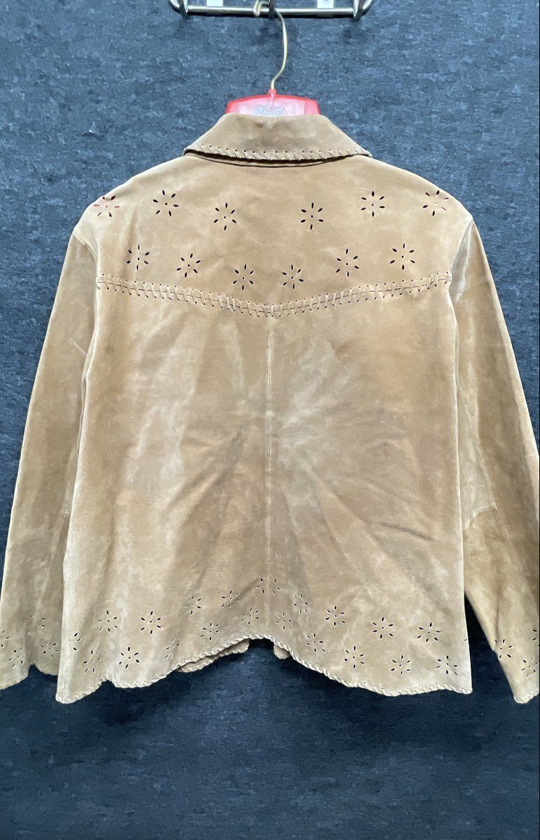 Vintage Coldwater Creek Women's Tan Leather Perforated Floral Jacket Sz L