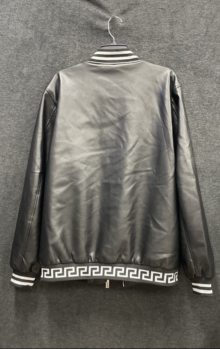 Barabas Men's Black Red Greek Key Faux Leather Bomber Jacket Sz 2XL
