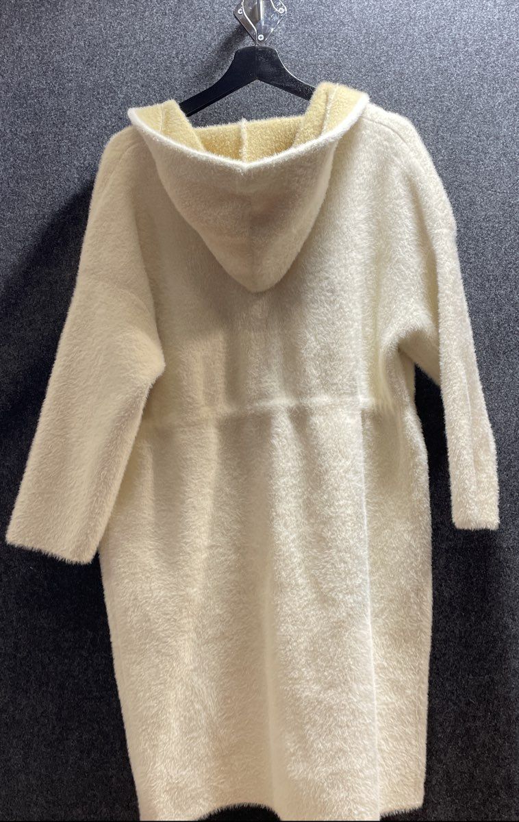 Women's Beige Fuzzy Eyelash Knit Hooded Cardigan Coat Drawstring Waist