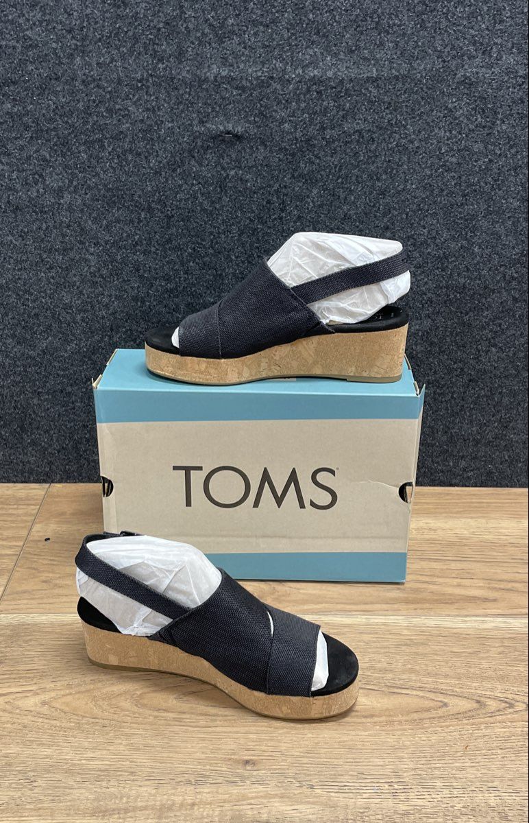 TOMS Monica Black Canvas Platform Wedge Slingback Sandals Women's Size 9
