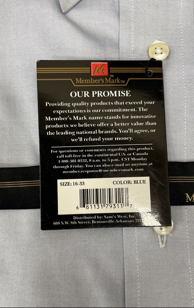 Member's Mark Men's Blue Pinpoint Oxford Dress Shirt NWT Size L 16-33
