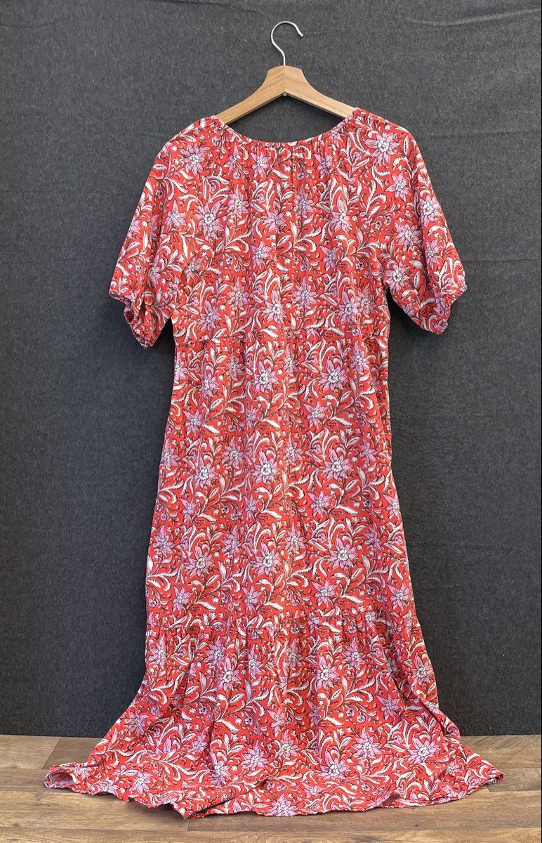 LOFT Women's Red Floral Button Up Tiered Ruffled Hem Midi Dress Sz L
