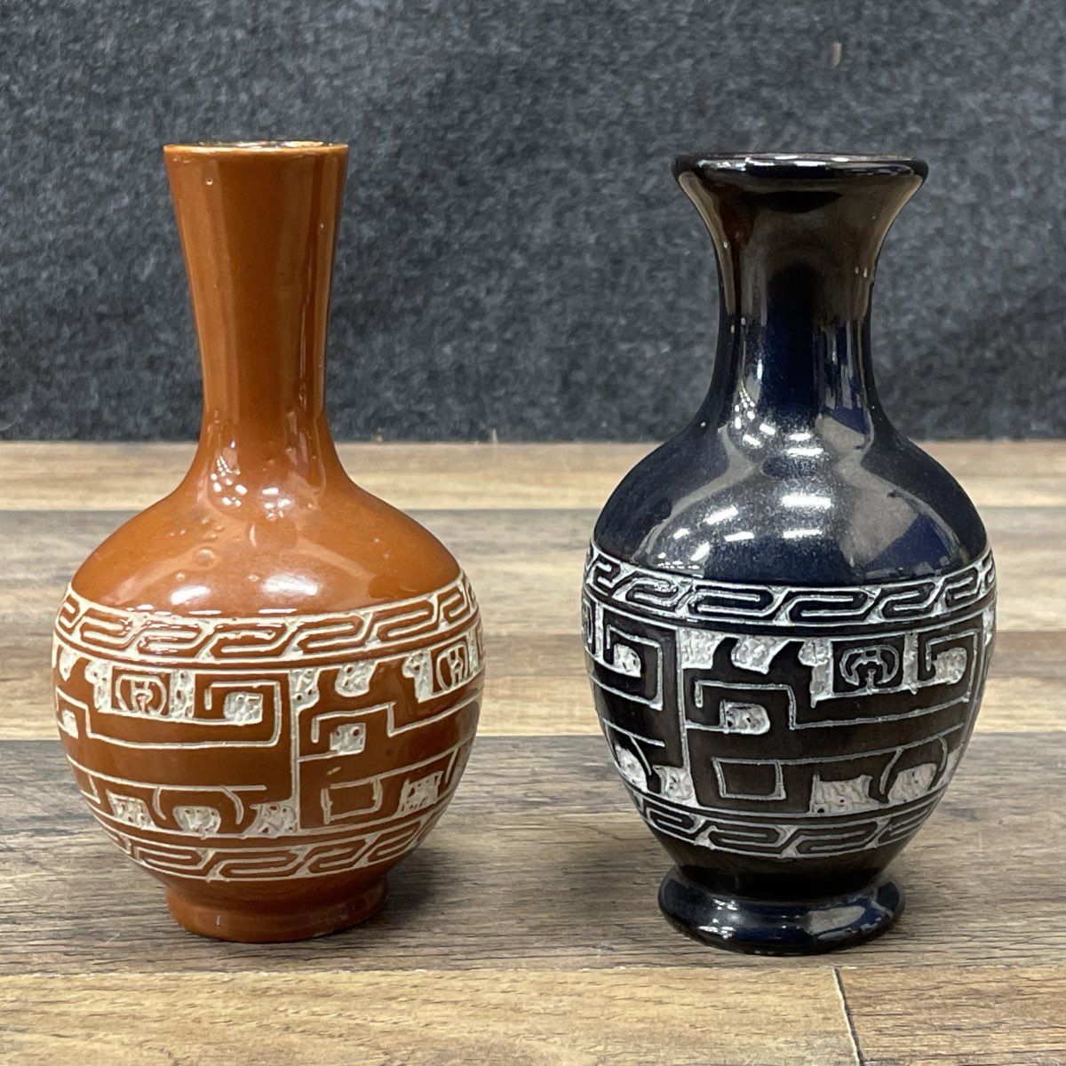 Vintage Pair Hand Carved Sgraffito Pottery Vases Aztec Style Black Brown Set