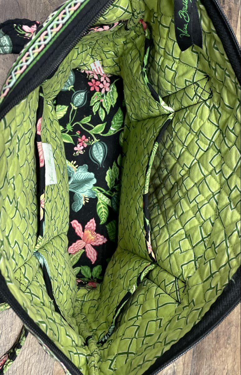 Vera Bradley Petal Pink Floral Black Quilted Cotton Tote Bag Large Zip Top