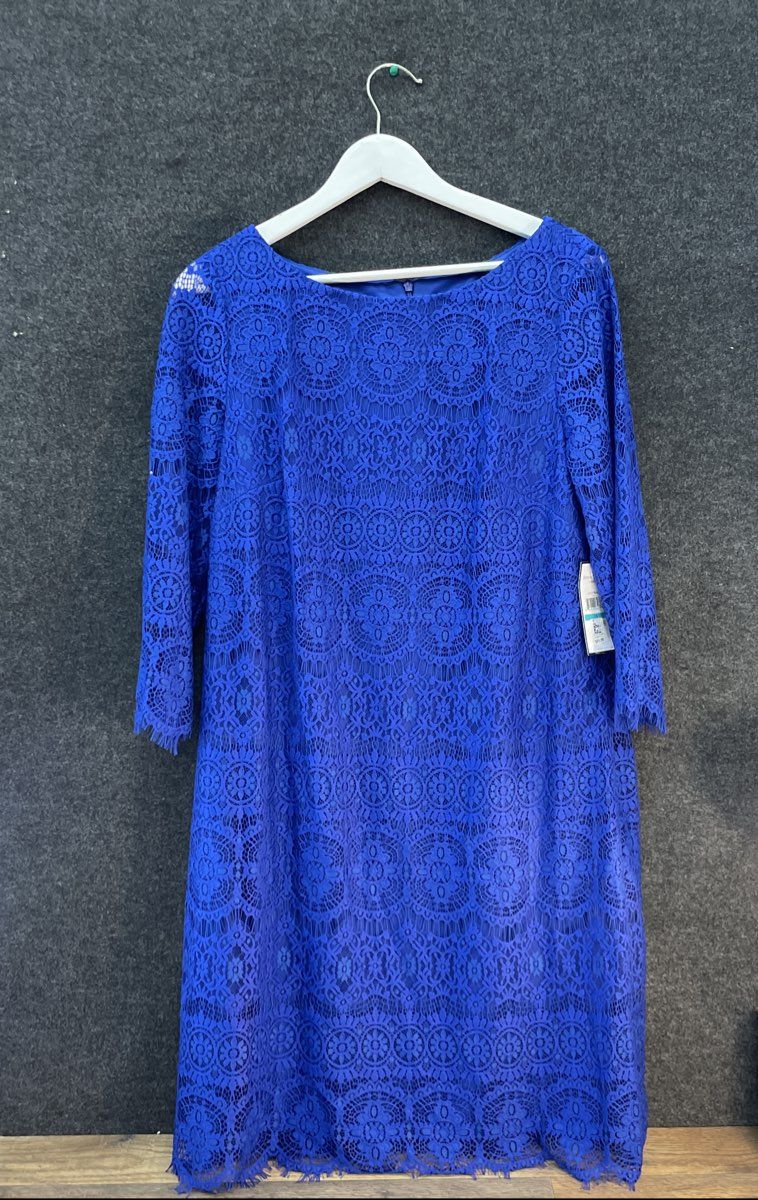 Jessica Howard Women's Royal Blue Floral Lace Shift Dress 3/4 Sleeve NWT Sz 16