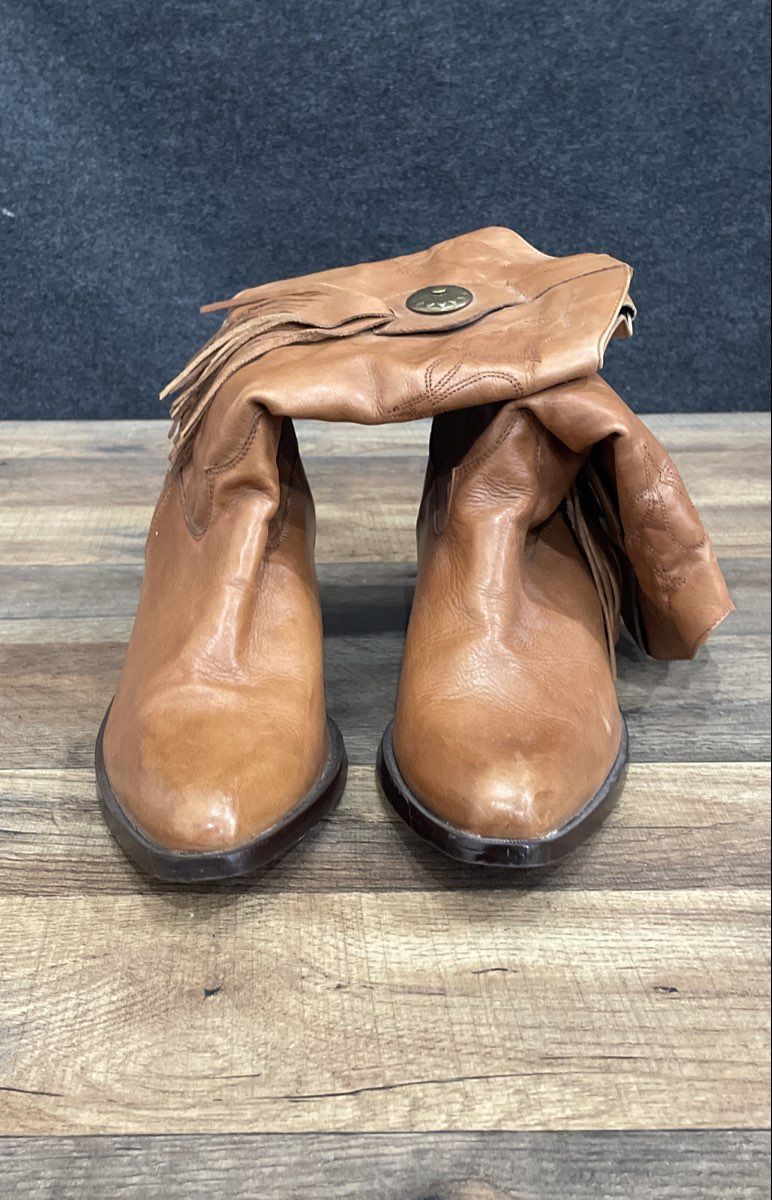 Vintage Durango Tan Brown Leather Slouch Fringe Western Cowboy Boots Size 10