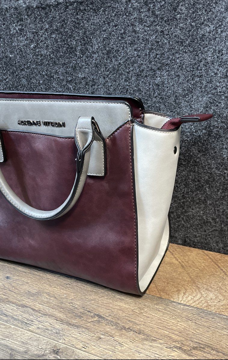 Adrienne Vittadini Burgundy Grey Cream Colorblock Satchel Handbag Large