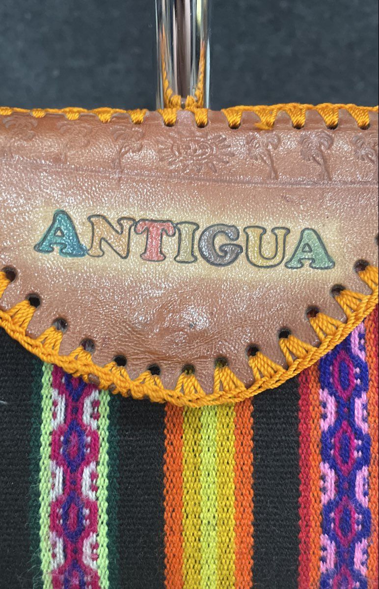 Antigua Hand Painted Leather Woven Textile Zip Clutch Bag Orange Multi Vintage