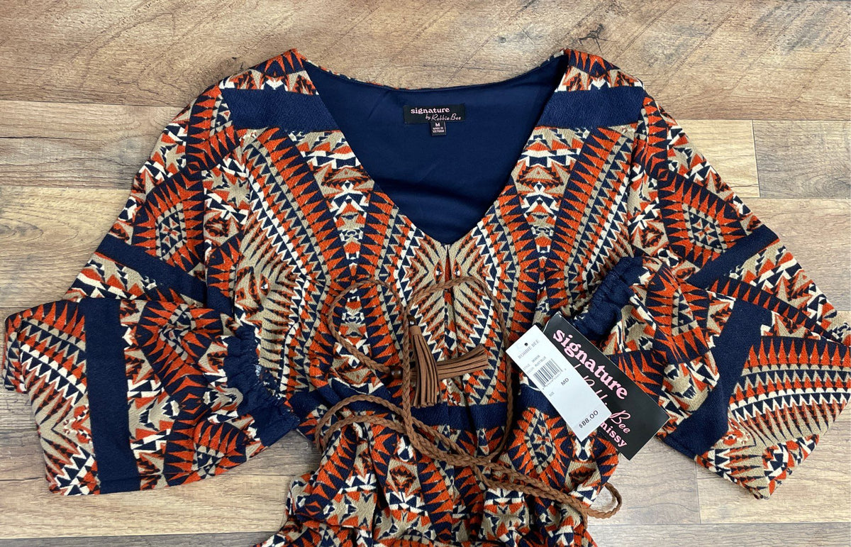 Robbie Bee Women's Geometric Tribal Print V-Neck Long Sleeve Dress NWT Sz M